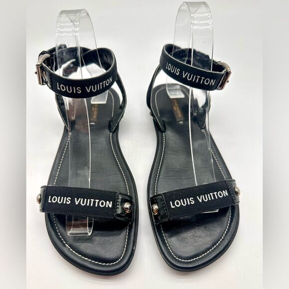 Louis Vuitton Passenger Black Flat Strappy Ankle Wrap Sandals EU 38 US 8 - Picture 3 of 11